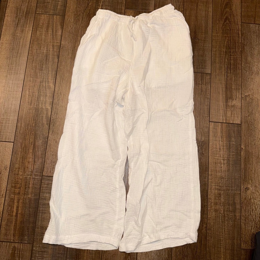 SHEIN Womens White Gauze Wide Leg Pants Elastic Drawstring Waist Casual Boho L